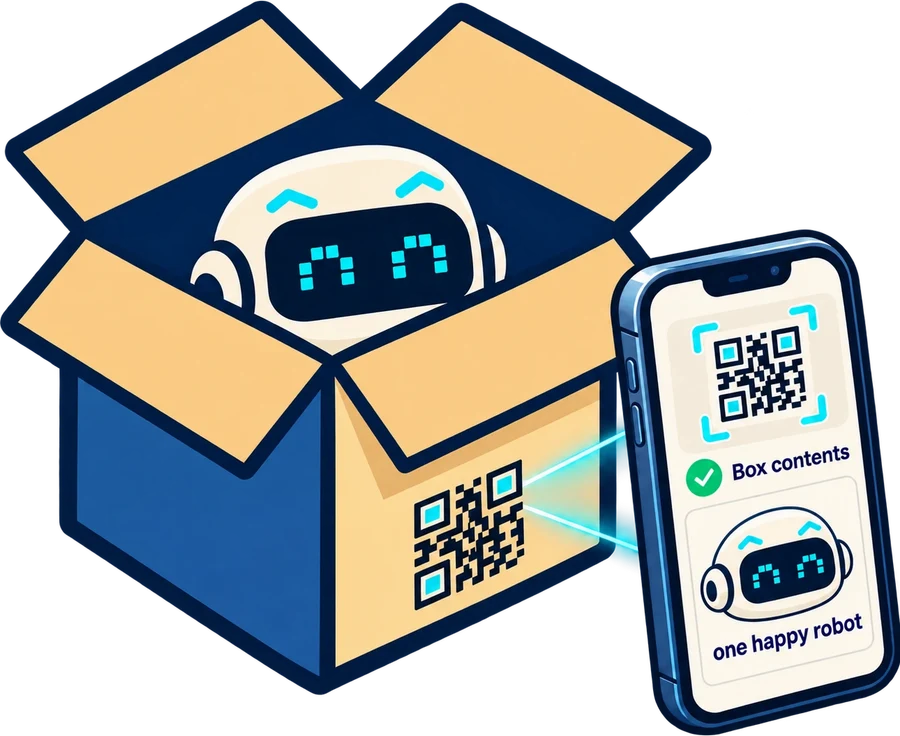 The PeekInside robot peeking out of a moving box while a phone scans the box's QR code and shows the box contents